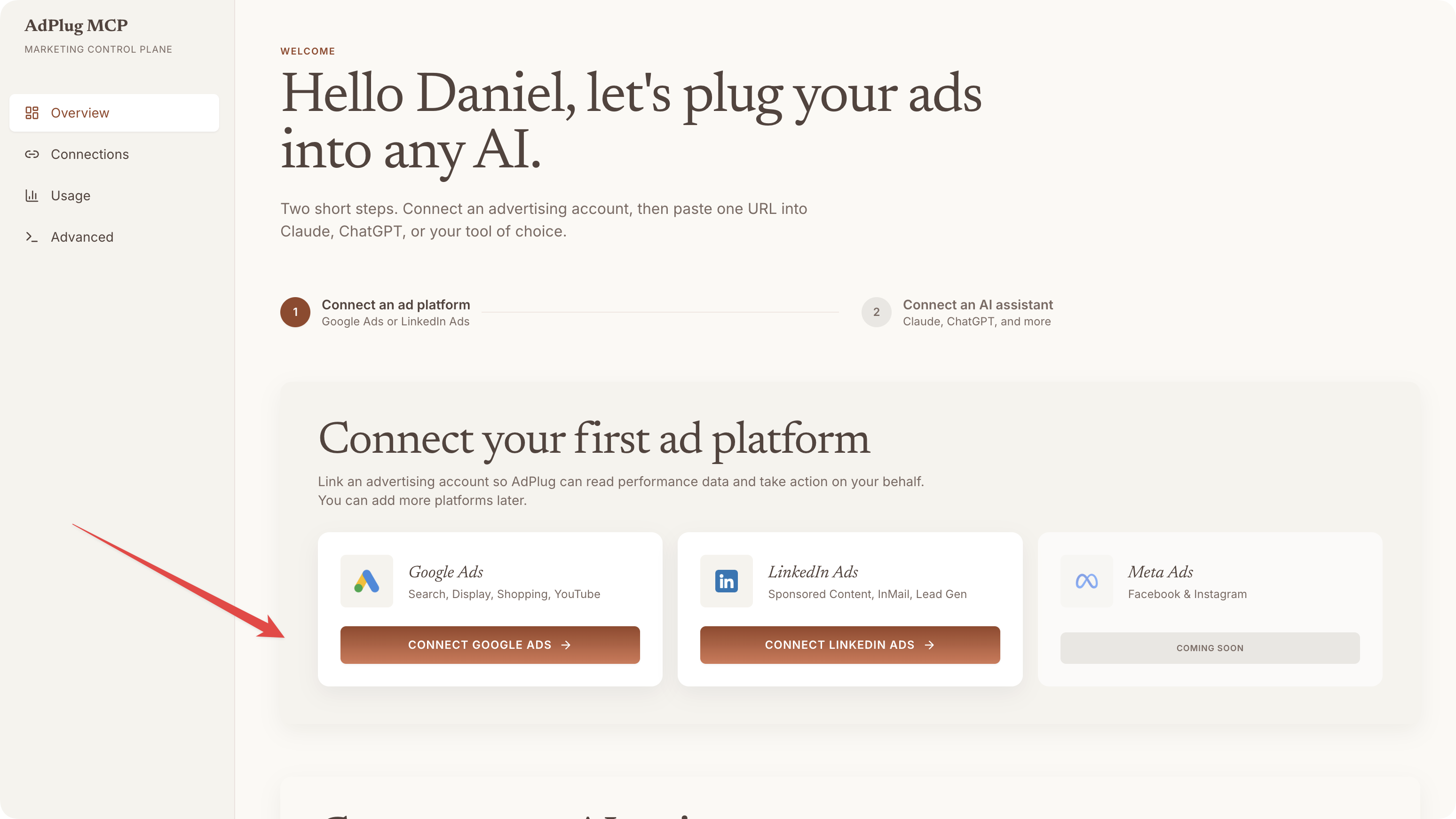 AdPlug dashboard with a red arrow pointing at the Connect Google Ads button on the Google Ads card.