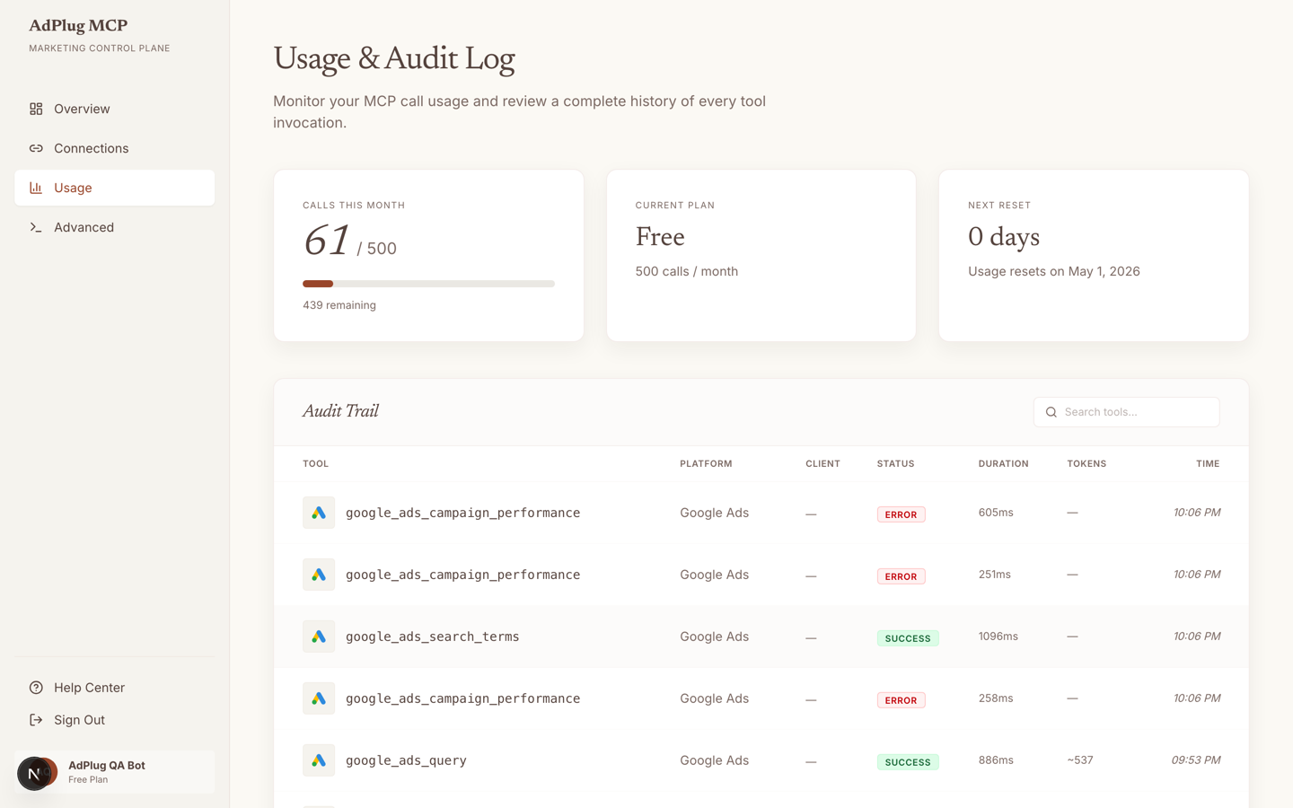 AdPlug Usage and Audit Log page showing Google Ads MCP tool calls, monthly call count, plan tier, next reset date, and the audit trail.