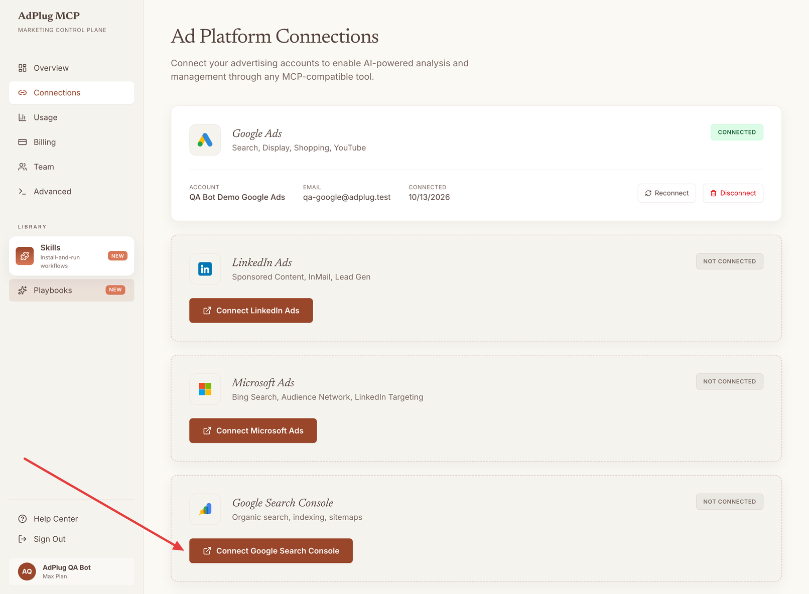 AdPlug Ad Platform Connections page with an arrow pointing to the Connect Google Search Console button on the Google Search Console card.