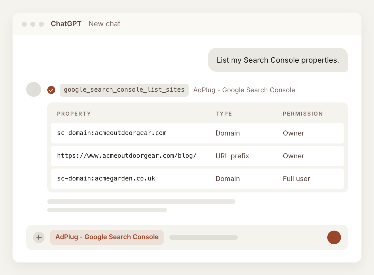 ChatGPT answering 'List my Search Console properties' with the AdPlug - Google Search Console app selected, showing each property's address, type and permission level.