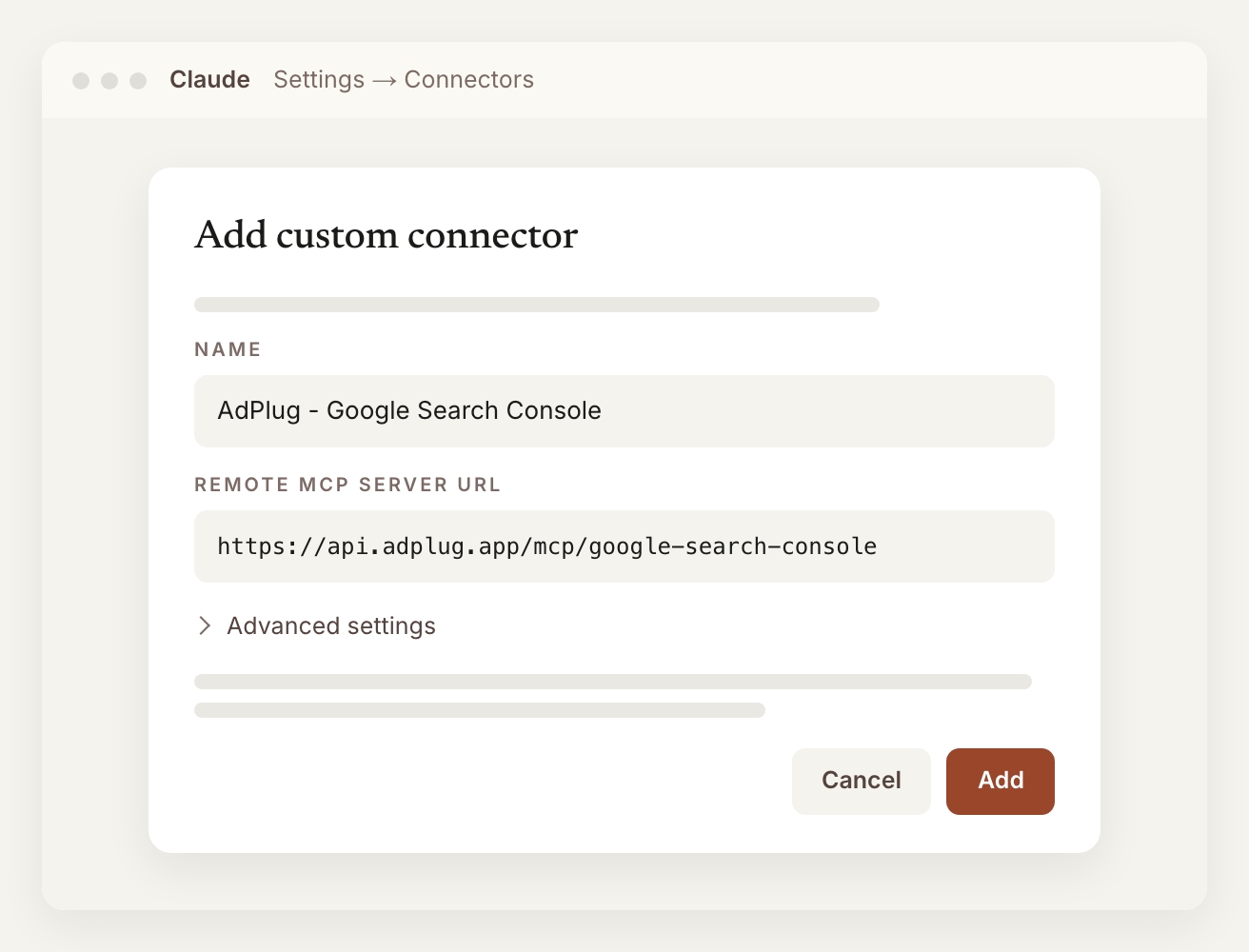 Claude's Add custom connector form with the name AdPlug - Google Search Console and the remote MCP server URL https://api.adplug.app/mcp/google-search-console filled in, above the Add button.