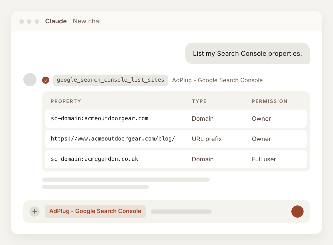 Claude answering 'List my Search Console properties' through the AdPlug - Google Search Console connector, with each property's address, type and permission level.
