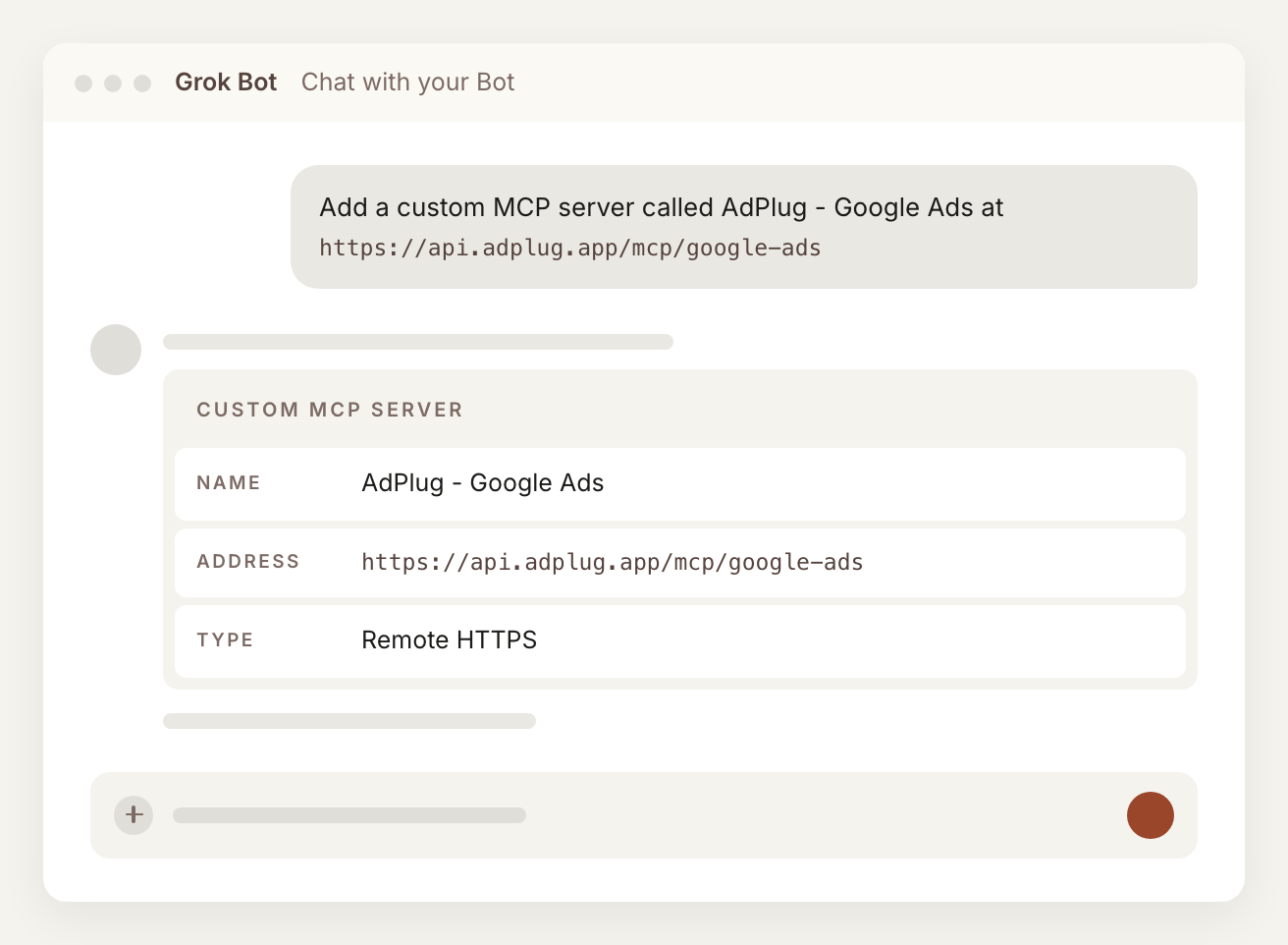 Grok Bot chat with the request to add a custom MCP server called AdPlug - Google Ads at https://api.adplug.app/mcp/google-ads, and the Bot showing the name, address and Remote HTTPS type back.