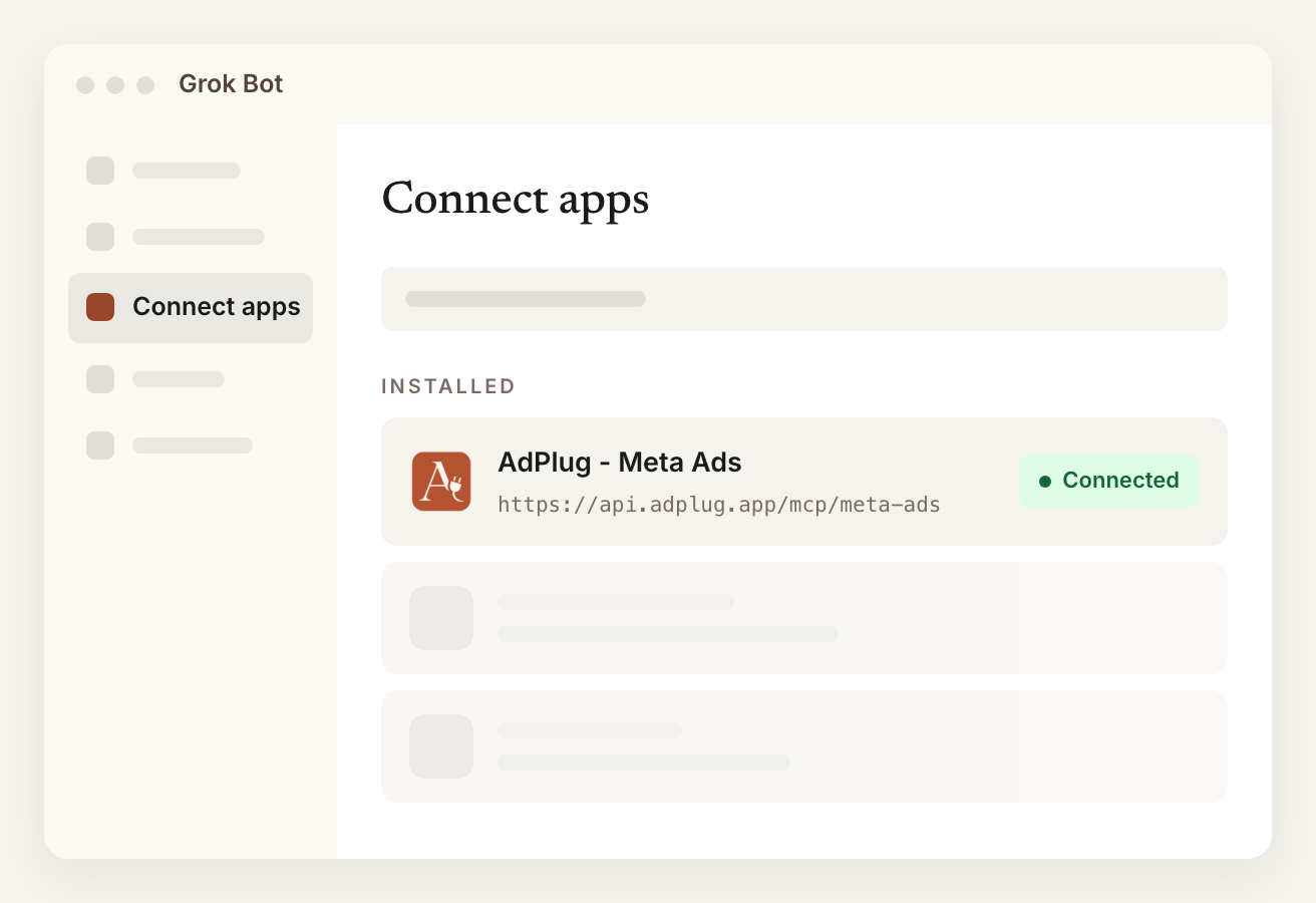 Grok Bot Connect apps with the AdPlug - Meta Ads MCP server listed under Installed and marked Connected.
