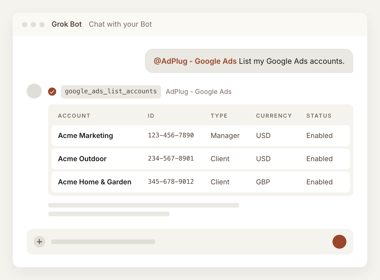Grok Bot answering 'List my Google Ads accounts' through the AdPlug Google Ads MCP, with each account's name, ID, type, currency and status.