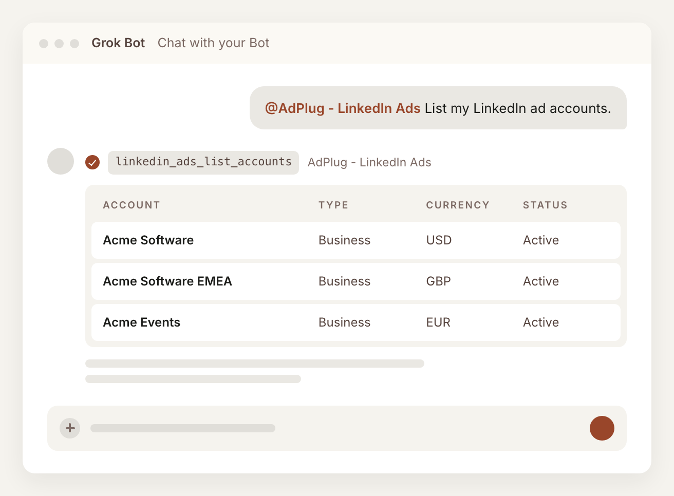 Grok Bot answering 'List my LinkedIn ad accounts' through the AdPlug LinkedIn Ads MCP, with each account's name, type, currency and status.