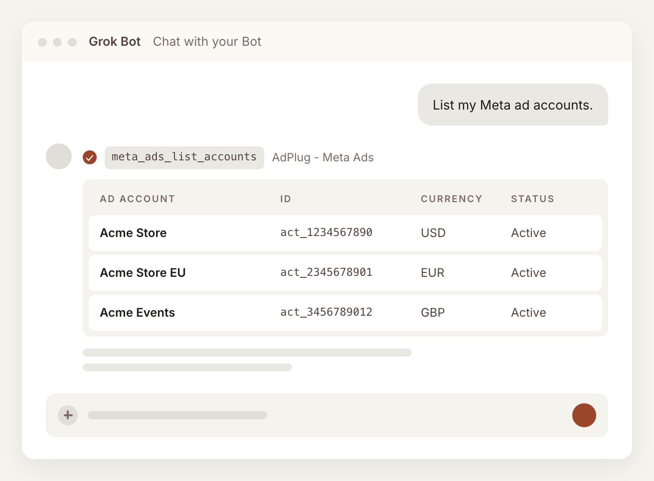 Grok Bot answering 'List my Meta ad accounts' through the AdPlug Meta Ads MCP, with each ad account's name, ID, currency and status.