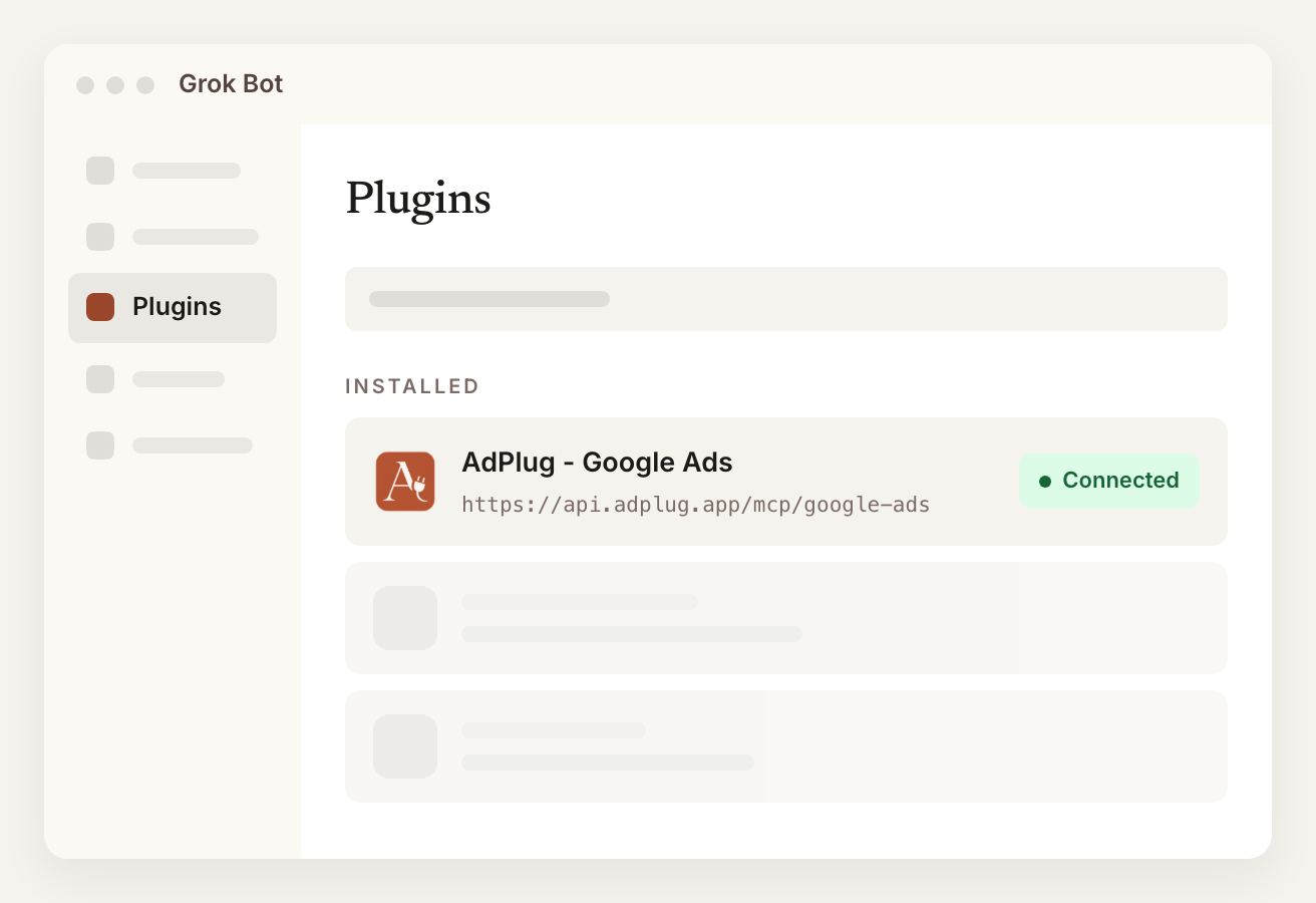 Grok Bot Plugins with the AdPlug - Google Ads MCP server listed under Installed and marked Connected.