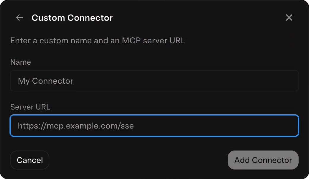 Grok's Custom Connector form on grok.com, asking for a custom name and an MCP server URL, with Cancel and Add Connector buttons.
