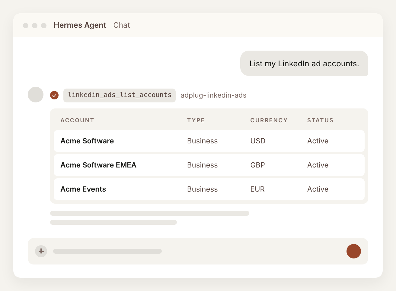 Hermes Agent answering 'List my LinkedIn ad accounts' through the adplug-linkedin-ads MCP server, with each account's name, type, currency and status.