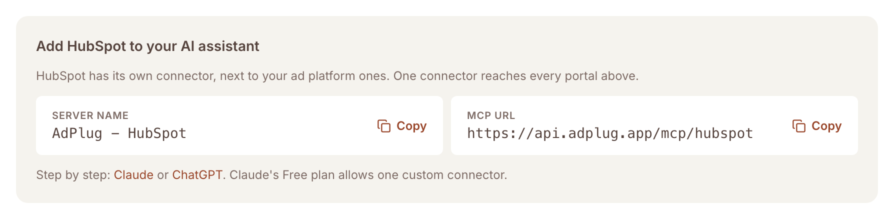 The Add HubSpot to your AI assistant box on AdPlug's Connections page, with the server name AdPlug - HubSpot and the MCP URL https://api.adplug.app/mcp/hubspot, each with a Copy button.