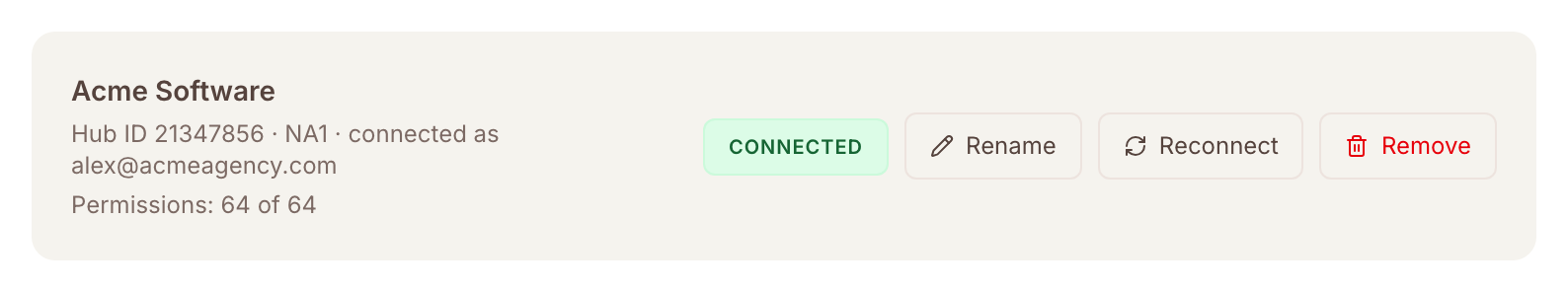One connected HubSpot portal on AdPlug's Connections page, with its Hub ID, region and permissions, and the Rename, Reconnect and Remove buttons.