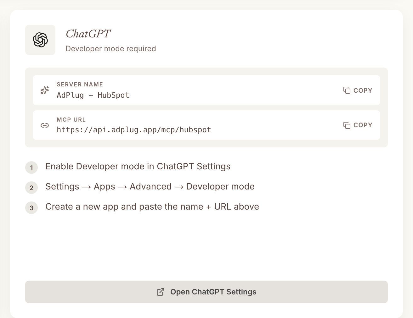 ChatGPT card on the AdPlug dashboard showing the server name AdPlug - HubSpot and the MCP URL https://api.adplug.app/mcp/hubspot, each with a Copy button, above three setup steps.