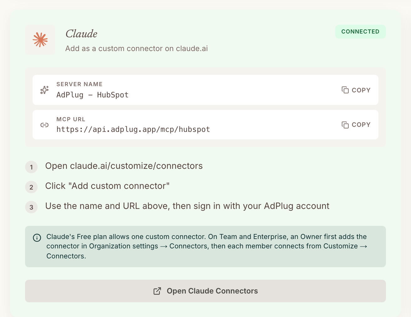 Claude card on the AdPlug dashboard marked Connected, showing the server name AdPlug - HubSpot and the MCP URL https://api.adplug.app/mcp/hubspot, each with a Copy button, above three setup steps.