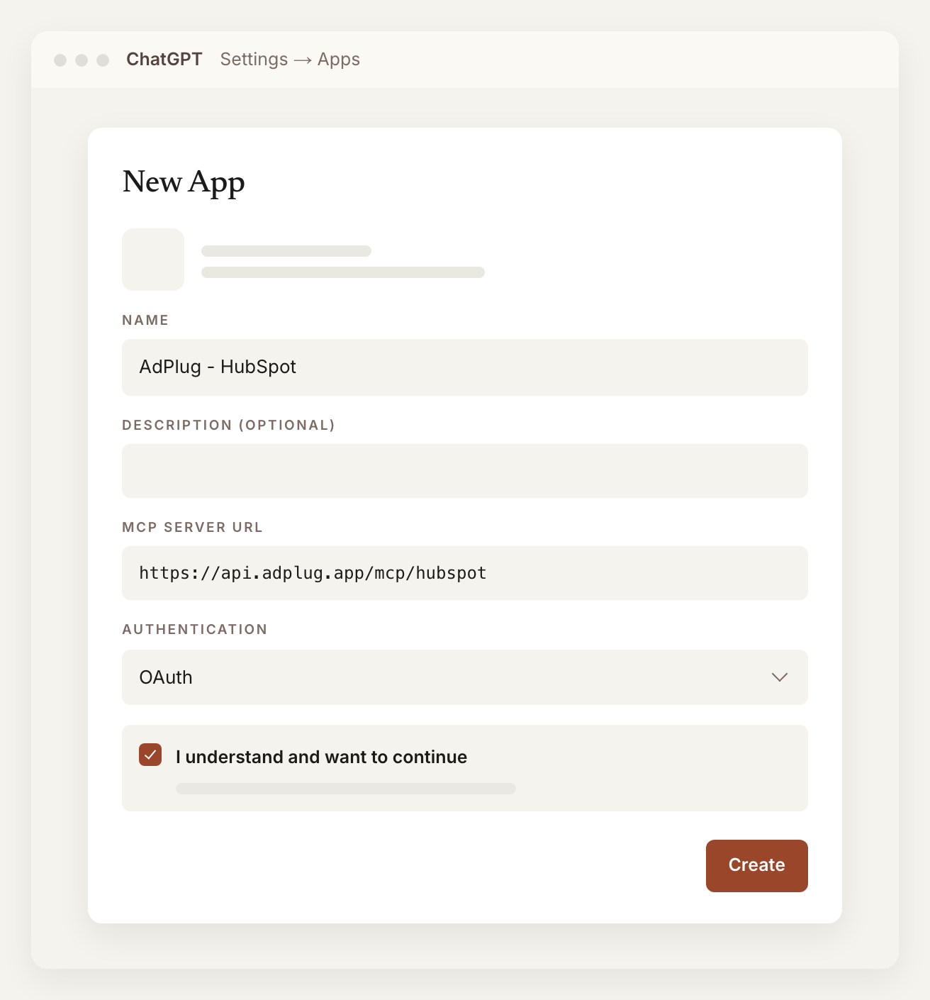 ChatGPT's New App form with the name AdPlug - HubSpot, the MCP Server URL https://api.adplug.app/mcp/hubspot, OAuth authentication and the I understand and want to continue box ticked, above the Create button.