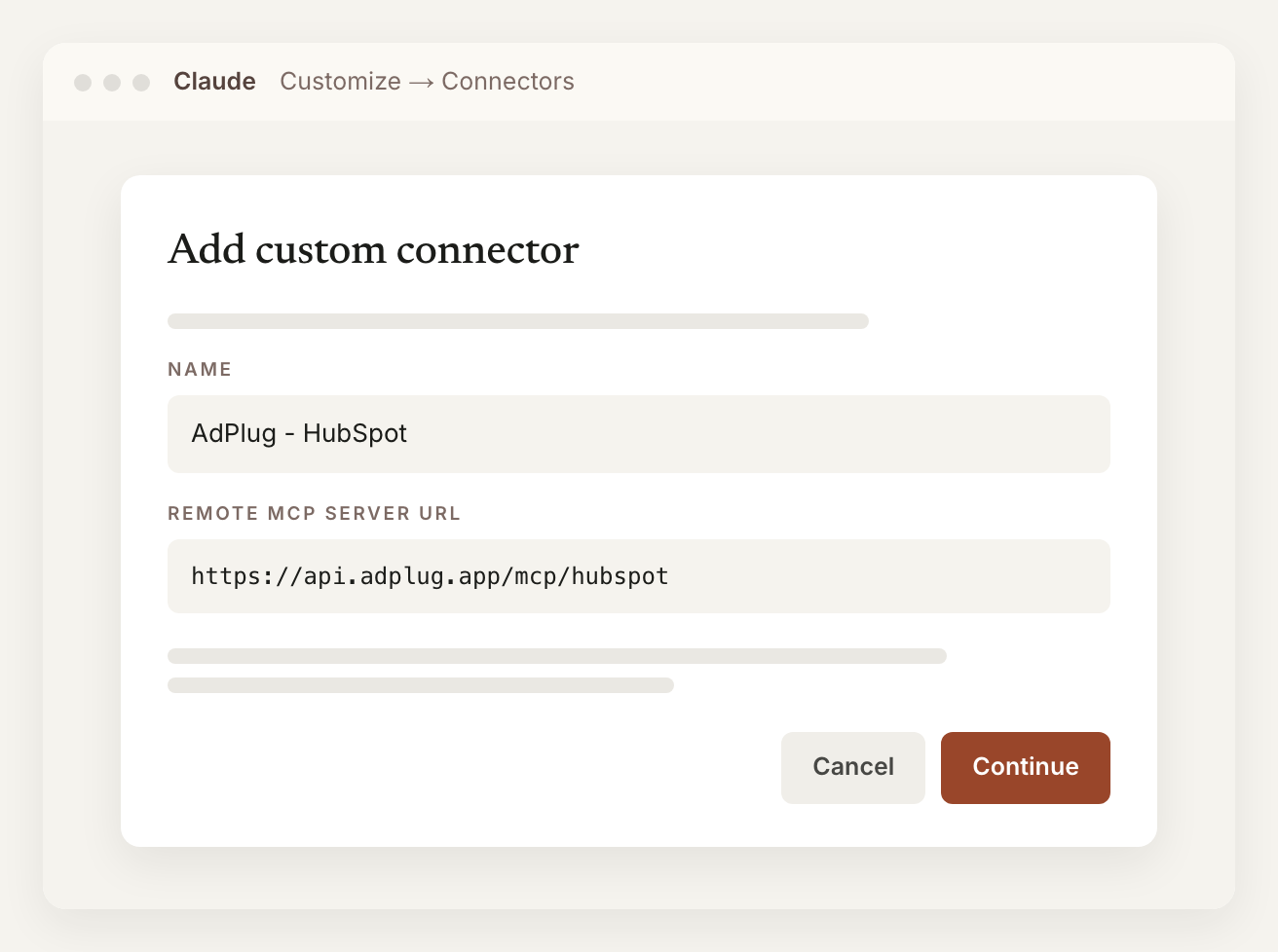 Claude's Add custom connector form under Customize, Connectors, with the name AdPlug - HubSpot and the remote MCP server URL https://api.adplug.app/mcp/hubspot filled in, above the Continue button.