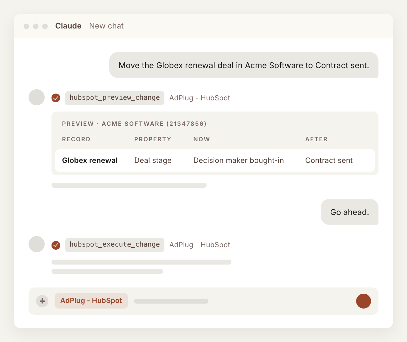 Claude previewing a HubSpot change through AdPlug: the portal's name and Hub ID, the deal, its current stage and the new one, then running the change only after the reply Go ahead.