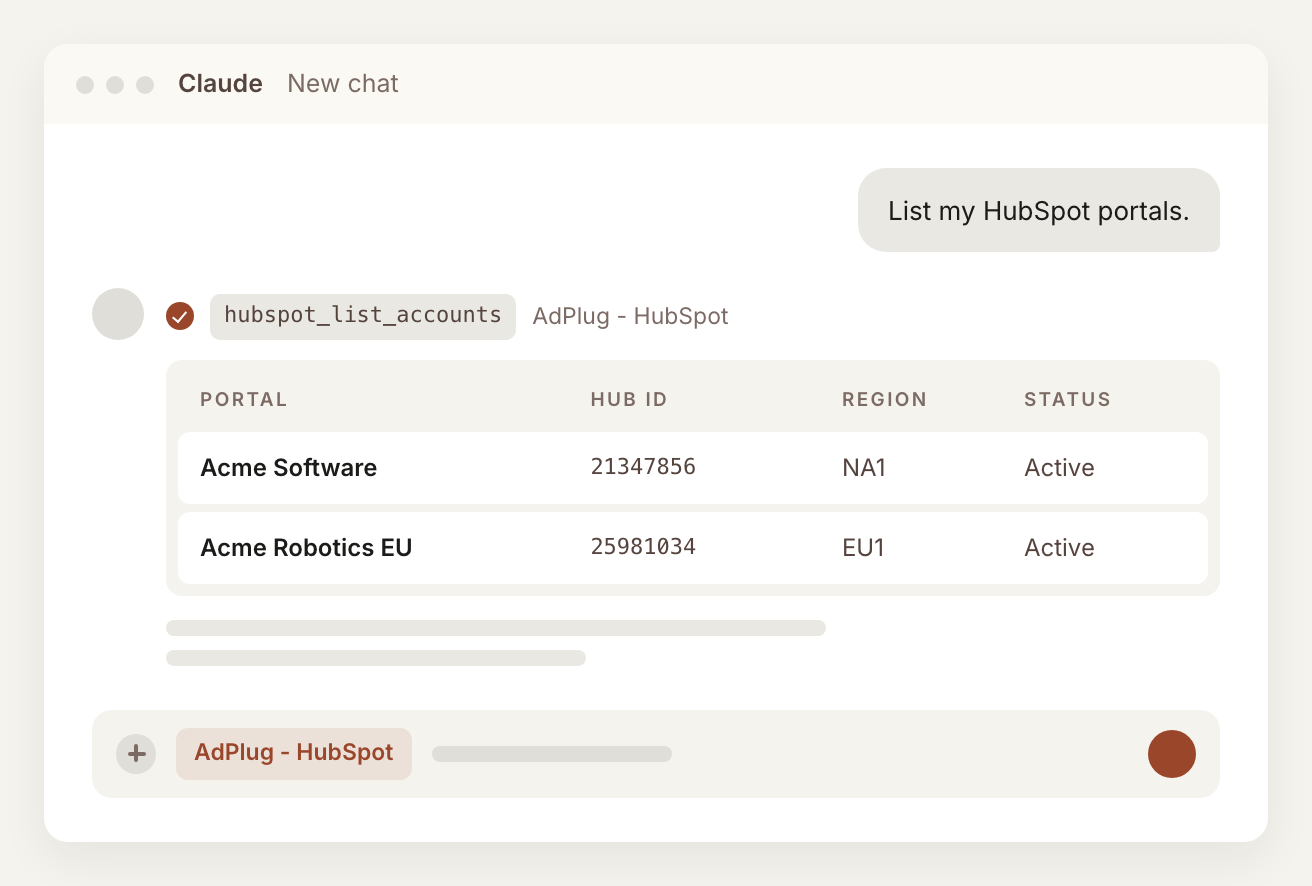 Claude answering 'List my HubSpot portals' through the AdPlug - HubSpot connector, with each portal's name, Hub ID, region and status.