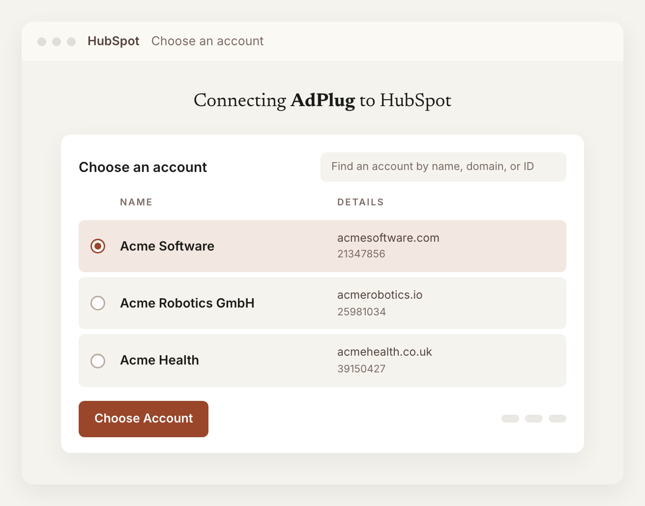 HubSpot's Connecting AdPlug to HubSpot screen with Choose an account: a search box and a list of portals, each with its name, domain and Hub ID, one selected, above the Choose Account button.