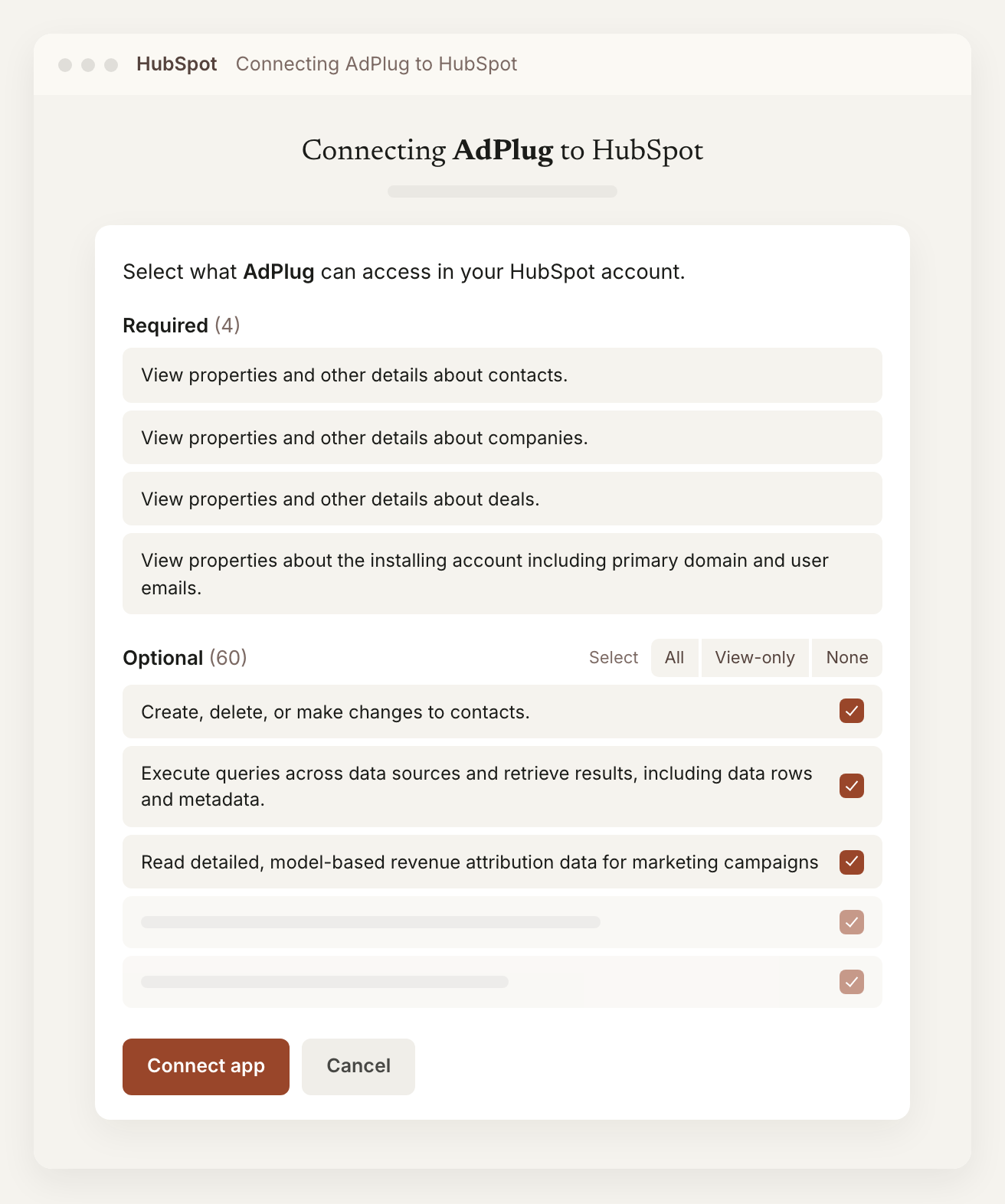 HubSpot's permissions screen asking what AdPlug can access: four required permissions to view contacts, companies, deals and the account's details, then 60 optional permissions with ticked boxes and All, View-only and None options, above the Connect app button.