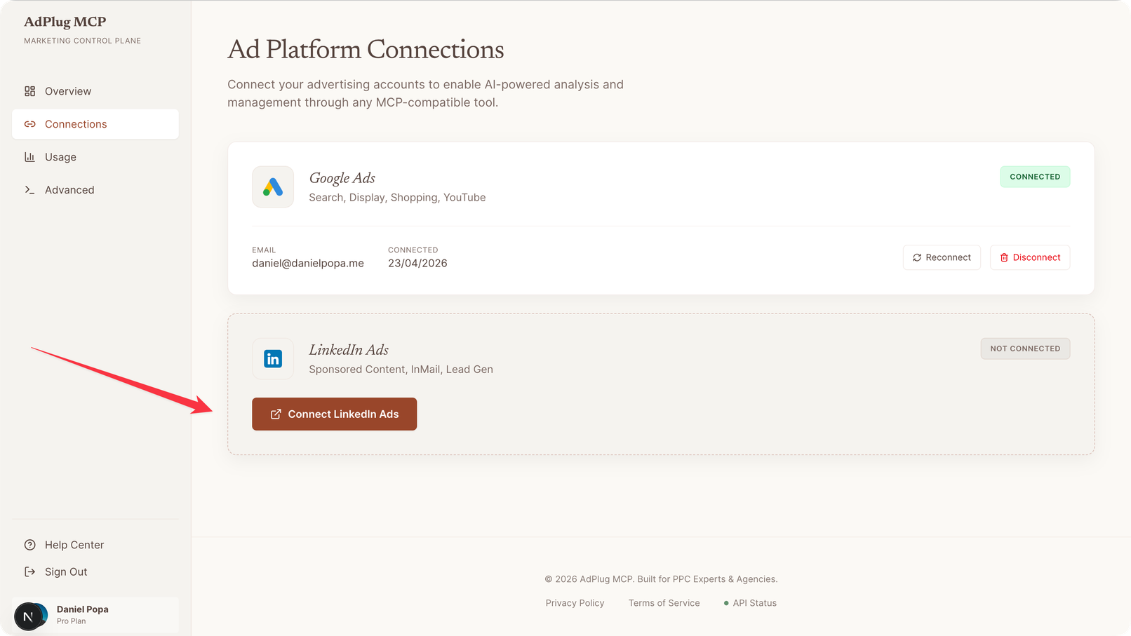 AdPlug Ad Platform Connections page with an arrow pointing to the Connect LinkedIn Ads button on the LinkedIn Ads card.
