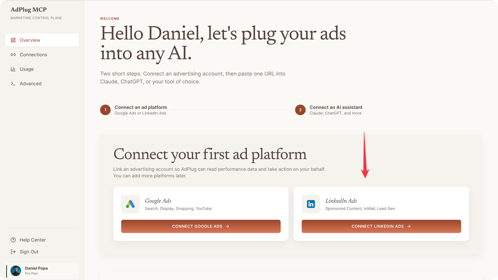 AdPlug dashboard welcome screen with an arrow pointing to the Connect LinkedIn Ads button.
