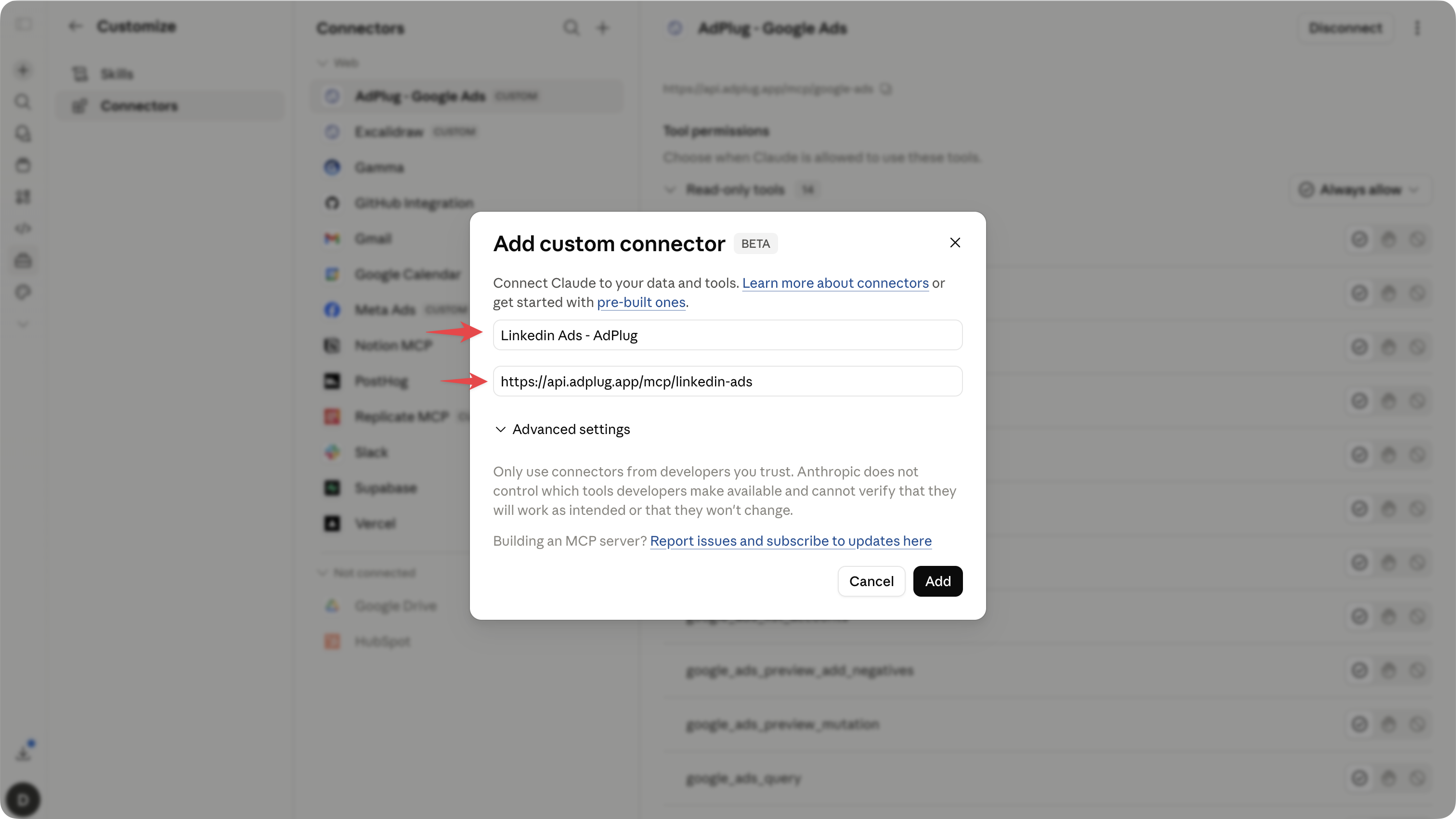 Claude's Customize, Connectors page with the Add custom connector dialog open, a LinkedIn Ads connector name and https://api.adplug.app/mcp/linkedin-ads filled in, above the Add button.