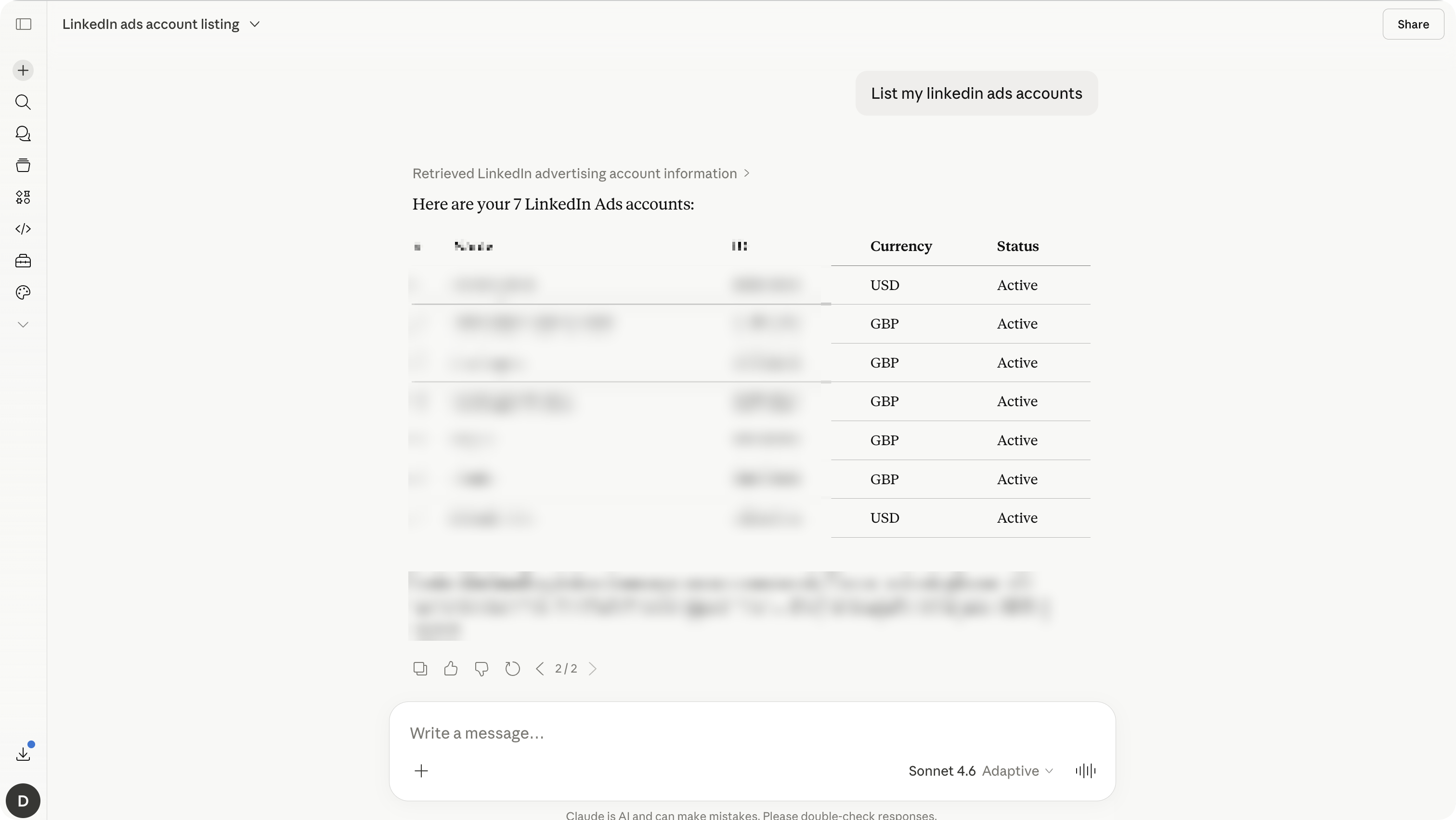 Claude answering 'List my LinkedIn Ads accounts' through the AdPlug LinkedIn Ads connector with a table of accounts, currencies and statuses, account names blurred.