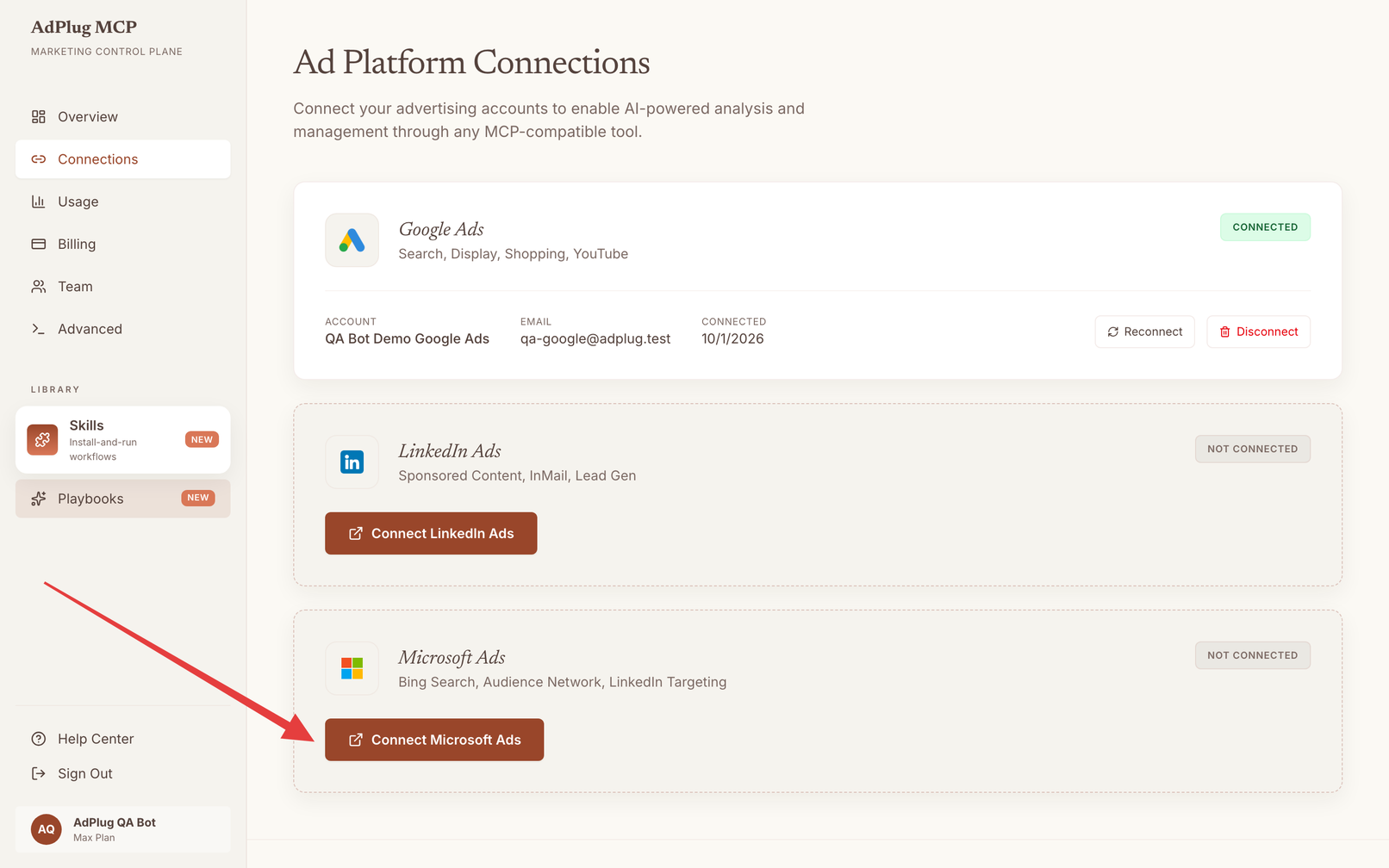AdPlug Ad Platform Connections page with an arrow pointing to the Connect Microsoft Ads button on the Microsoft Ads card.
