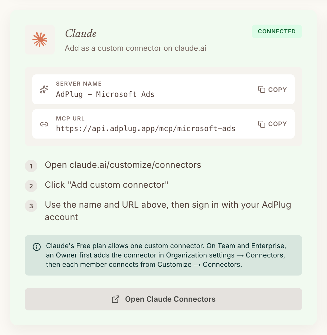 Claude card on the AdPlug dashboard marked Connected, showing the server name AdPlug - Microsoft Ads and the MCP URL https://api.adplug.app/mcp/microsoft-ads, each with a Copy button, above three setup steps.