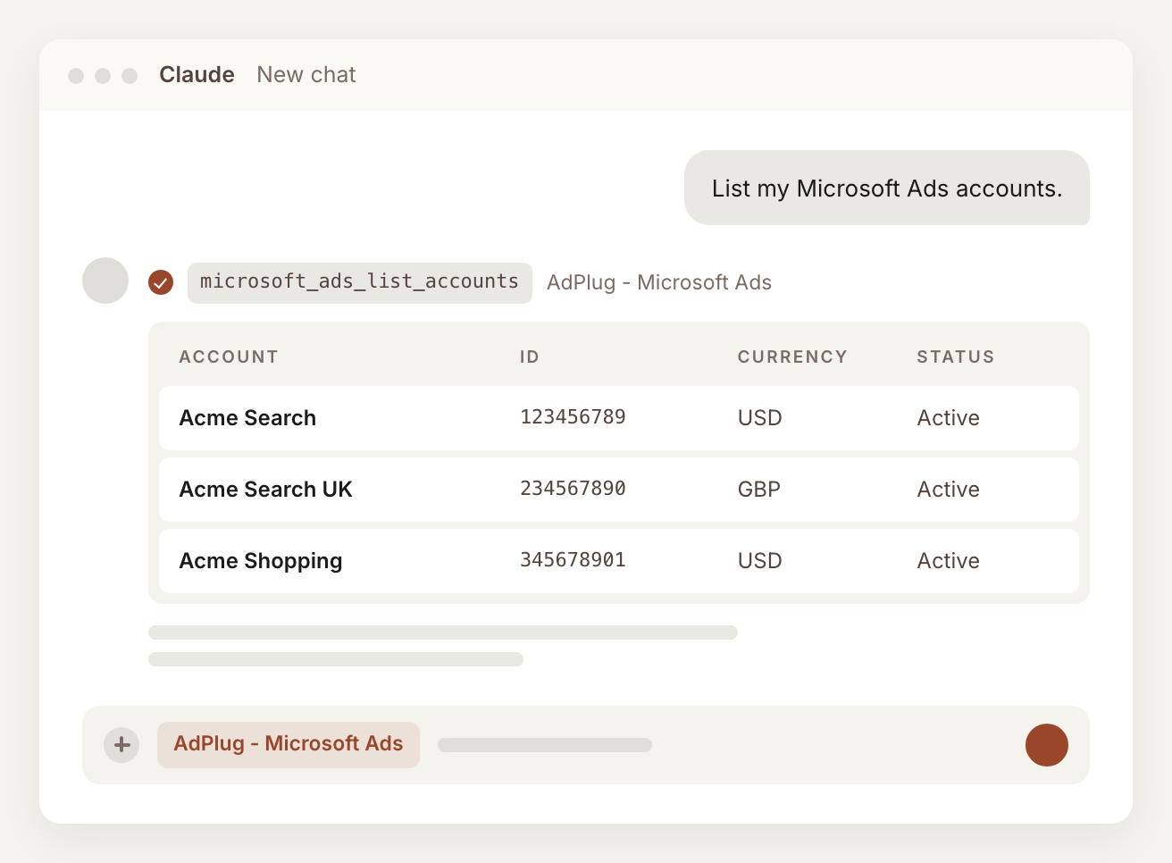 Claude answering 'List my Microsoft Ads accounts' through the AdPlug - Microsoft Ads connector, showing each account's name, ID, currency and status.