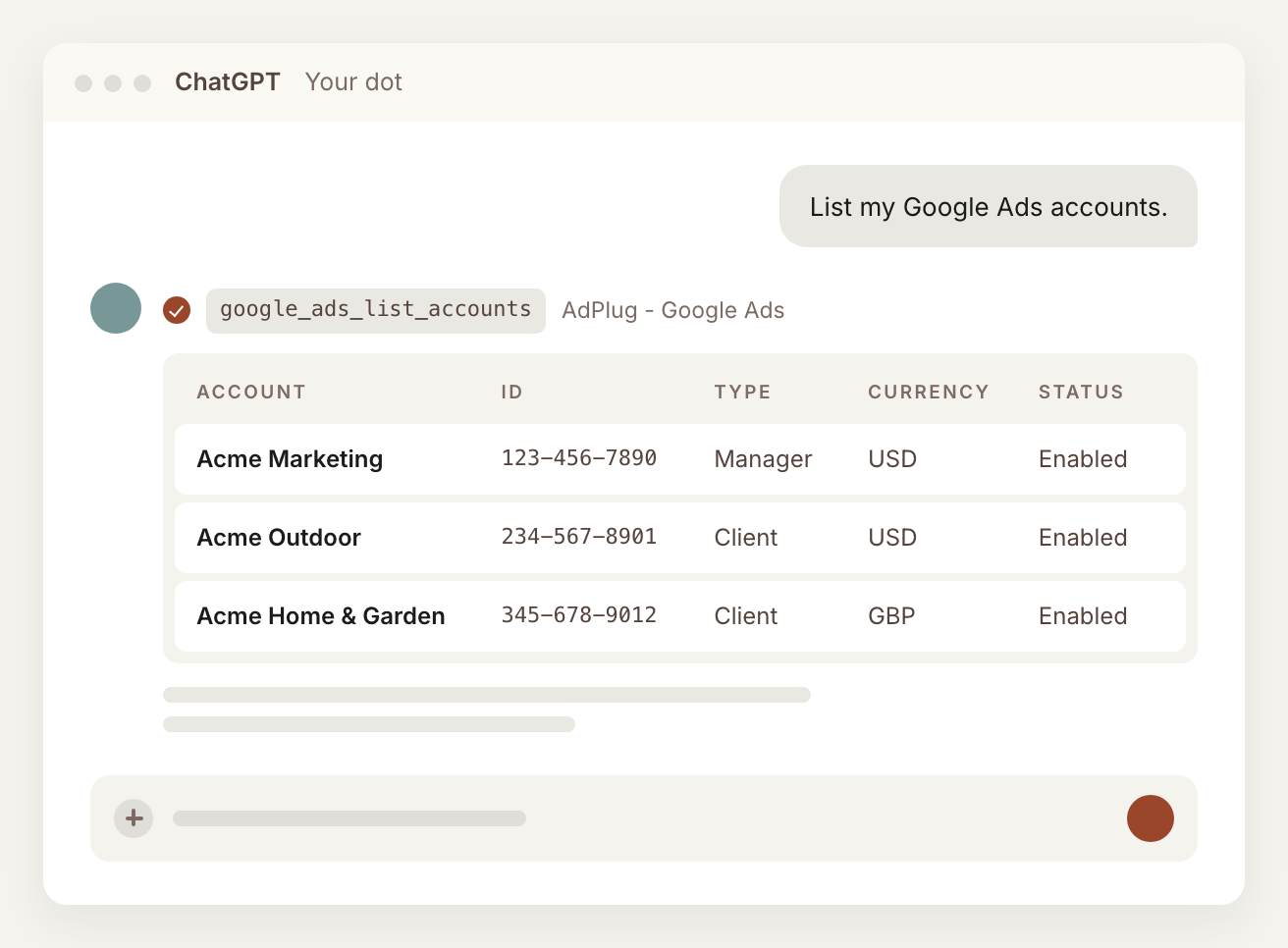 An OpenAI dot answering 'List my Google Ads accounts' through the AdPlug Google Ads MCP, with each account's name, ID, type, currency and status.