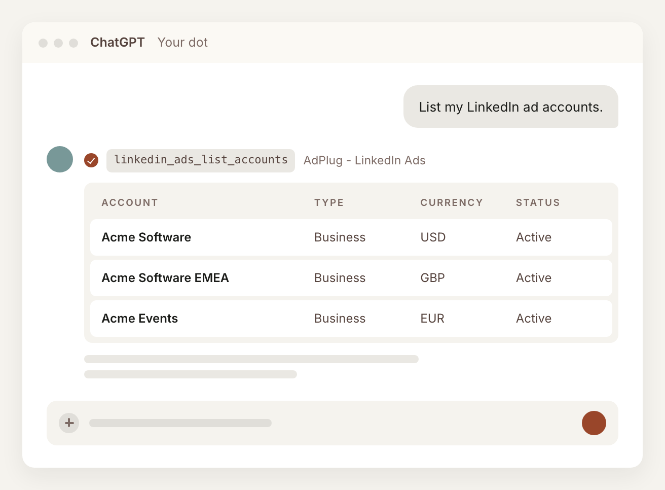 An OpenAI dot answering 'List my LinkedIn ad accounts' through the AdPlug LinkedIn Ads MCP, with each account's name, type, currency and status.